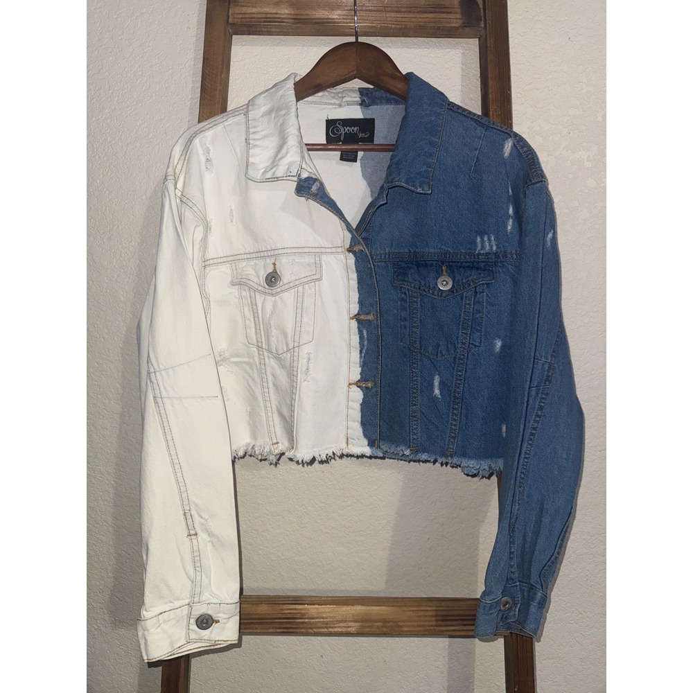 Spoon Jean Two Tone Cropped Denim Jacket Blue White Distressed Frayed Hem Large